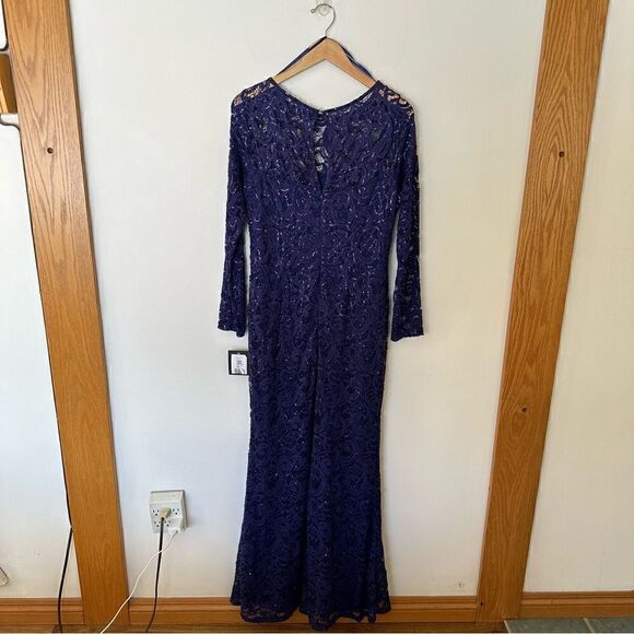 Marina Long Sleeve Illusion Neckline Sequined Lace Dress in Cobalt Blue - Picture 3 of 14